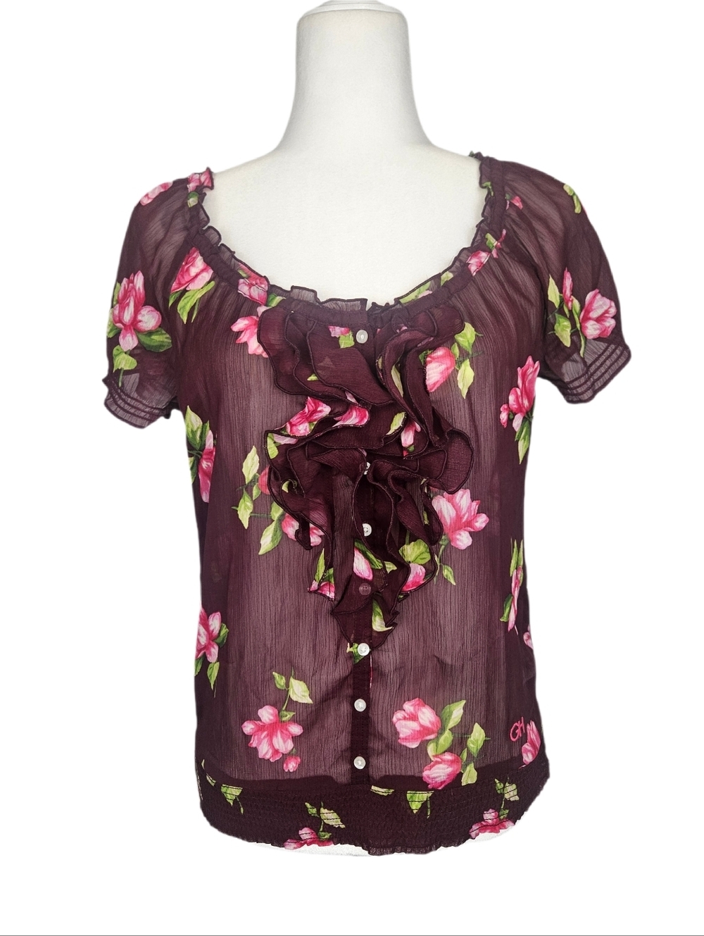Vintage Semi-Sheer Top Burgundy Red Pink Rose Floral Blouse Ruffle Tee Women's S